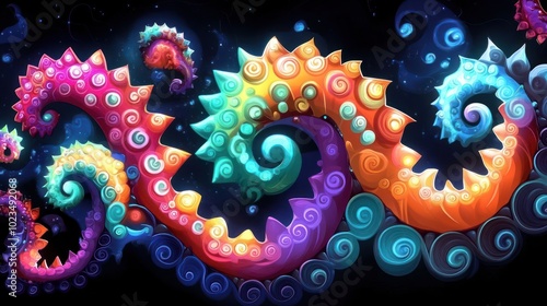 A vibrant, swirling design of colorful, abstract marine life elements.