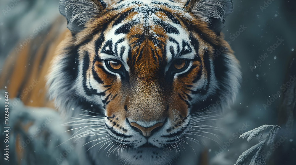 Close-up Portrait of a Tiger in the Snow - Realistic Image Close-up Portrait of a Tiger in the Snow - Realistic Image