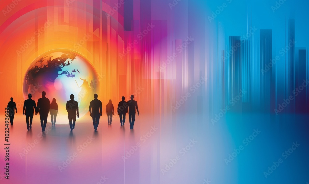 Naklejka premium Silhouette of People Walking Around the Globe Representing Global Collaboration and Progress
