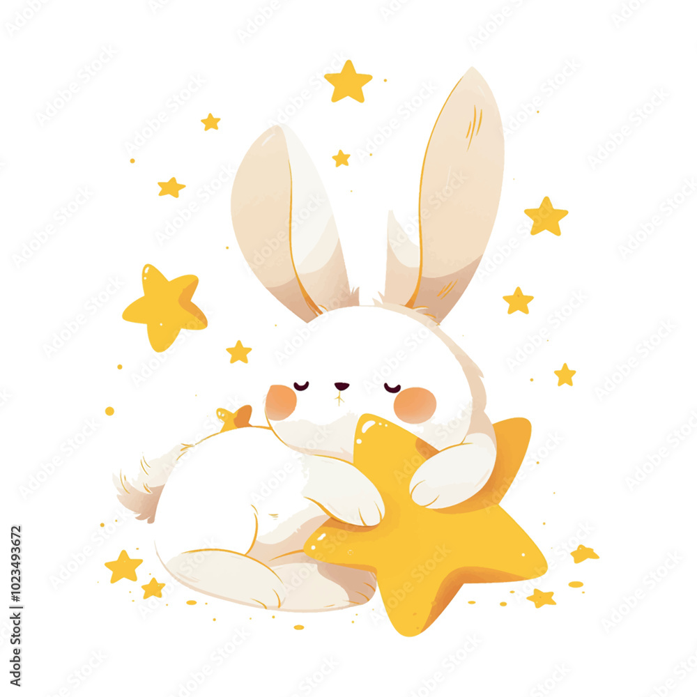 A cute rabbit is sitting on a bed of stars. The rabbit is white and has a cute face. The stars are scattered around the rabbit, creating a whimsical and playful atmosphere A cute rabbit is sitting on a bed of stars. The rabbit is white and has a cute face. The stars are scattered around the rabbit, creating a whimsical and playful atmosphere