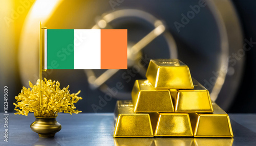 Flag of Ireland on a potted golden plant,and gold bars against blurry armored door of a vault.Price,value,trade,production,business,finance and economy concept. photo