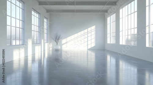 Empty White Room with Large Windows and Branchy Plant 3D Illustration