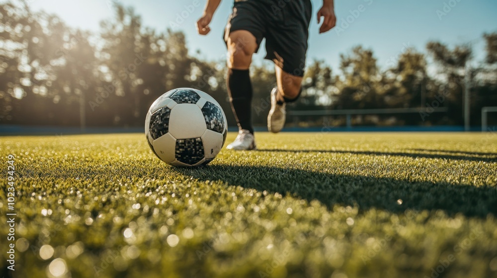 Fototapeta premium Close-up of Soccer Ball on Artificial Grass with Blurred Player in Background