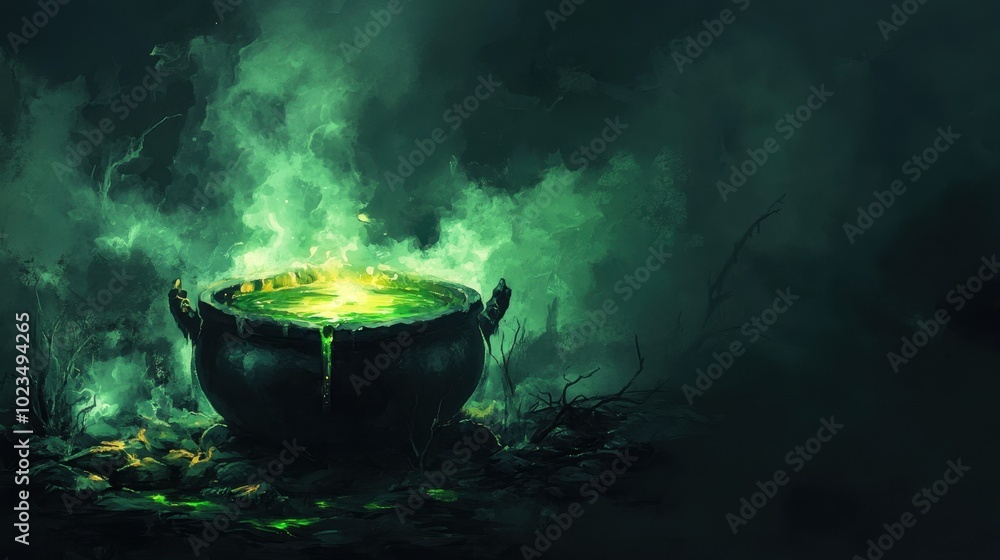 Spooky cauldron with green liquid glowing from within, surrounded by swirling fog and darkness. Spooky cauldron with green liquid glowing from within, surrounded by swirling fog and darkness.