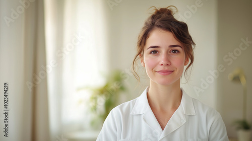 smiling female healthcare professional in a white coat, standing in a bright and clean environment, symbolizing trust, professionalism, and quality care in a medical or wellness setting