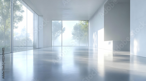 Modern Interior Design 3D Illustration: White Room with Large Windows and Reflected Light