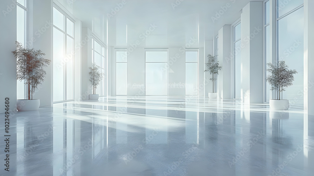 White Room With Large Windows and Plants in Pots 3D Illustration White Room With Large Windows and Plants in Pots 3D Illustration