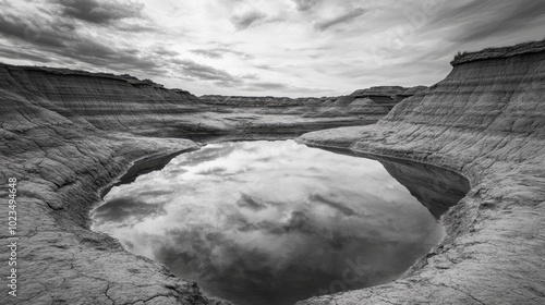 Still water reflecting the intricate ridges of the badlands, forming a perfect symmetrical illusion under a cloud-speckled sky