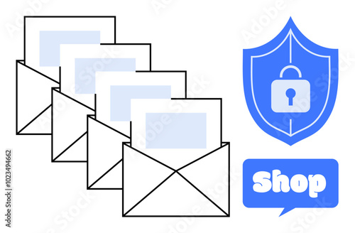 Five envelopes symbolize email communication. Adjacent is a blue shield icon with a lock indicating security, and a speech bubble with the word Shop. Ideal for email security, online shopping