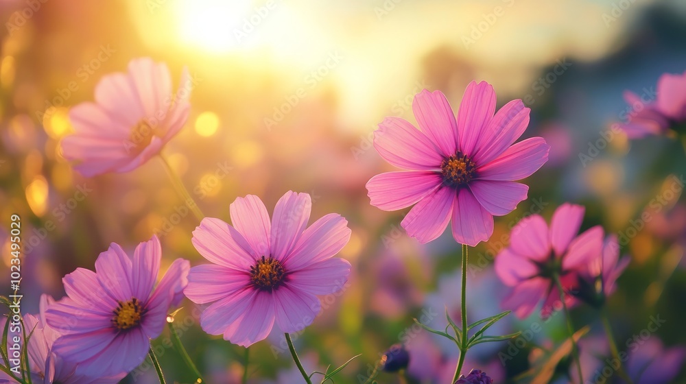 A field of pink cosmos flowers bathed in the warm glow of a setting sun.
