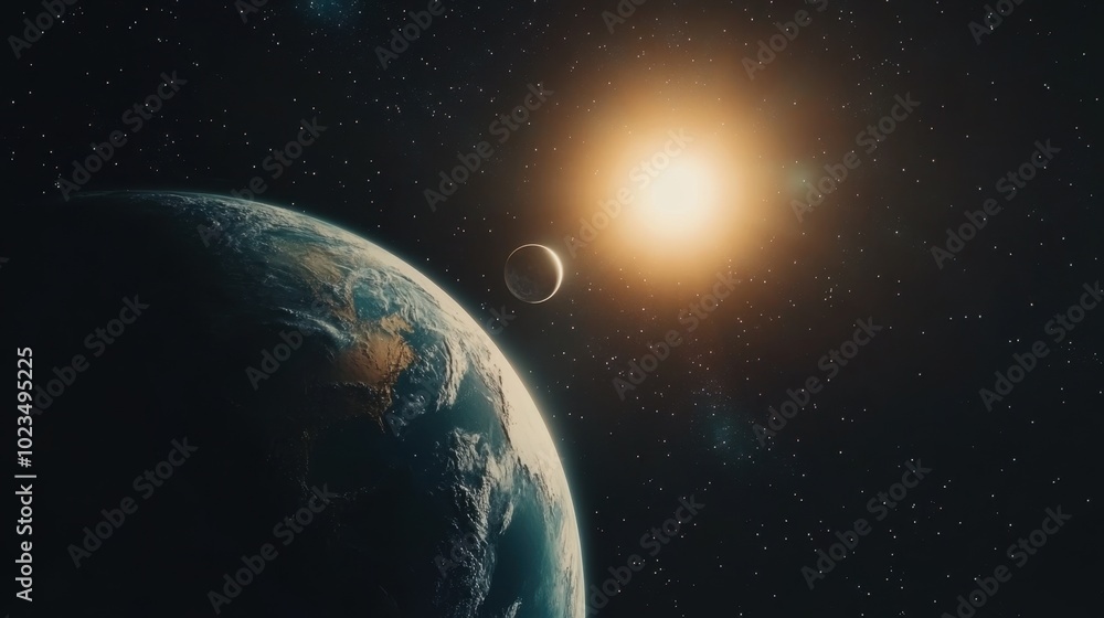Fototapeta premium The Earth, Moon, and Sun create a mesmerizing celestial trio in the boundless, starry expanse of space
