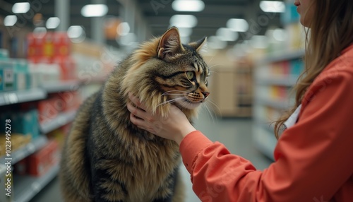 Person gently pets large domestic cat in pet store aisle during daylight hours