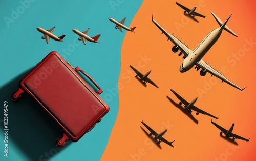 Vintagestyle travel icons set with suitcase, airplane, and passport, muted retro colors, simple yet detailed design, ideal for travel brochures or adventurethemed projects photo