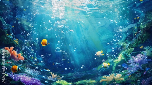 Deep blue underwater scene with gentle bubbles floating in a serene ocean depth – perfect for marine-themed wallpaper, tranquil backgrounds, and oceanic digital art featuring a calm, beautiful subaqua photo