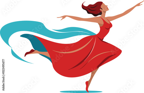 A vibrant vector illustration of a dancer in a flowing red dress, symbolizing movement, grace, and passion in dance.