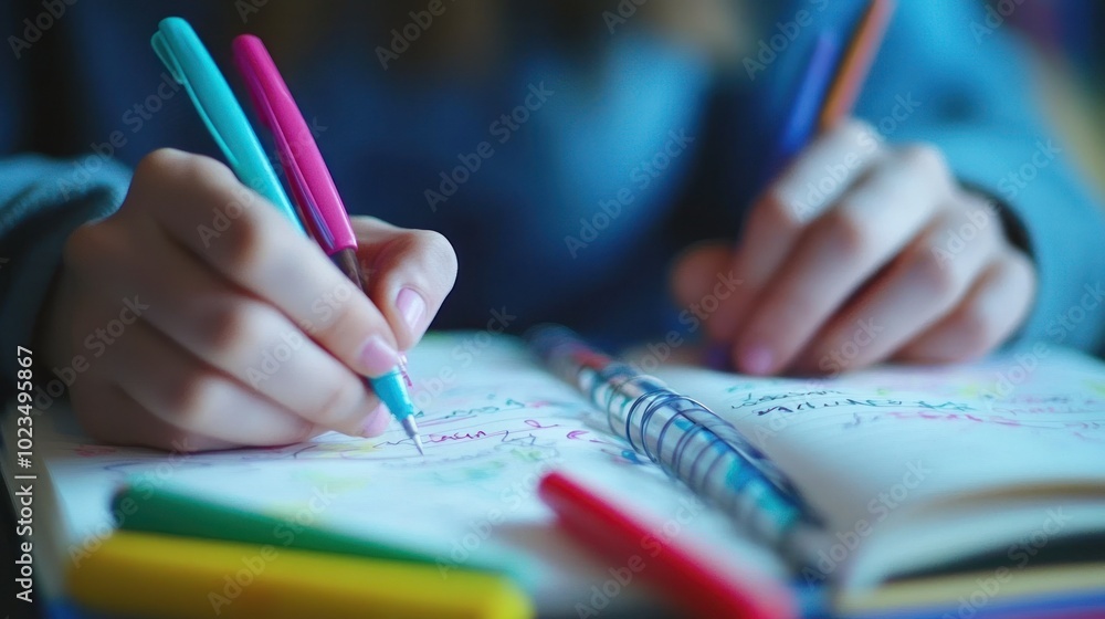 Close-up of a Person's Hand Writing in a Notebook with Colorful Pens Close-up of a Person's Hand Writing in a Notebook with Colorful Pens