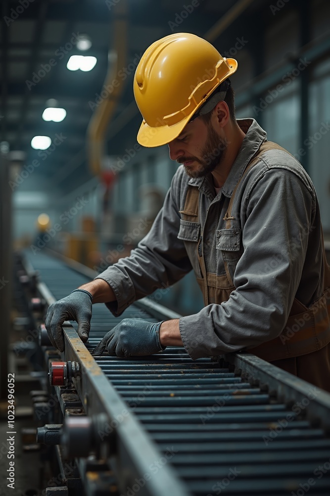 Man worker in safety gear checks equipment along conveyor belt in industrial facility Man worker in safety gear checks equipment along conveyor belt in industrial facility