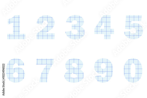 Numbers from zero to nine cut out of square line blue paper. Vector graphic elements for unique design isolated on white background.