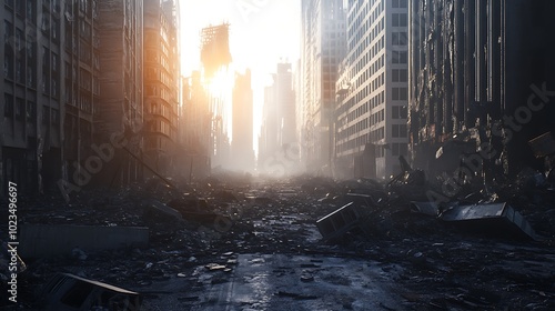 A desolate urban landscape after destruction, with debris and a hazy sunset.