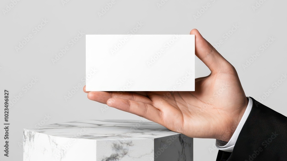 A hand holds a blank rectangular white card against a minimalist background. A hand holds a blank rectangular white card against a minimalist background.