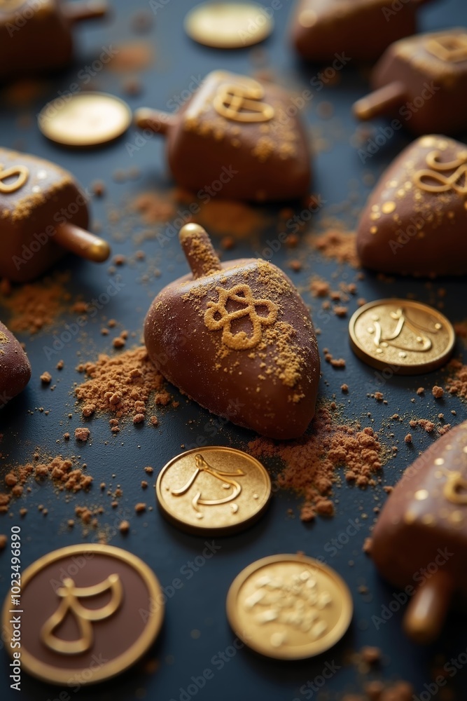 Delicious Jewish sweets featuring dreidels and chocolate coins perfect for celebrating Hanukkah festivities Delicious Jewish sweets featuring dreidels and chocolate coins perfect for celebrating Hanukkah festivities