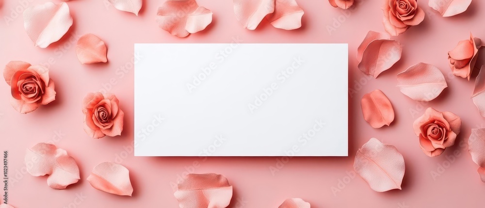Blank card surrounded by pink rose petals on a soft pink background. Blank card surrounded by pink rose petals on a soft pink background.