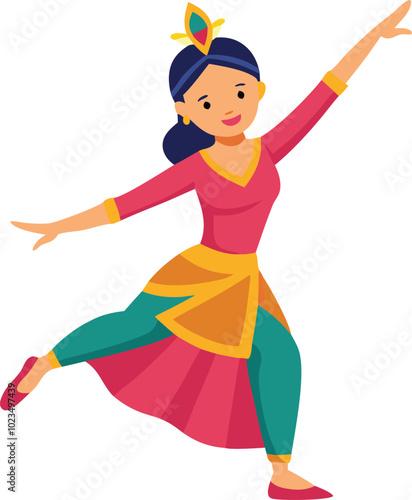 A joyful vector illustration of a young girl dancing in traditional attire, symbolizing culture, celebration, and happiness.