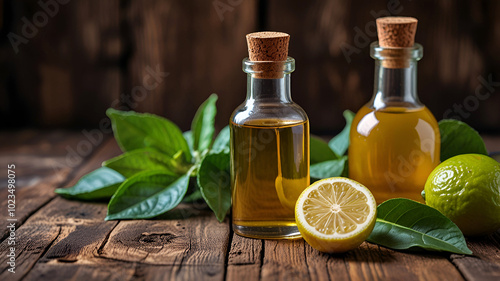 Bottle of bergamot essential oil standing on a rustic wooden surface surrounded by fresh bergamot fruit and leaves