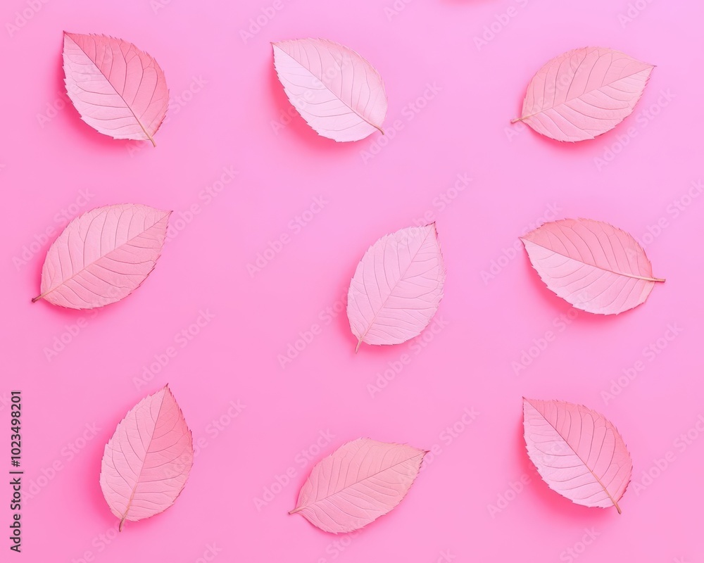 Obraz premium Delicate pink leaves arranged on a vibrant pink background, showcasing natural beauty in a minimalist style.
