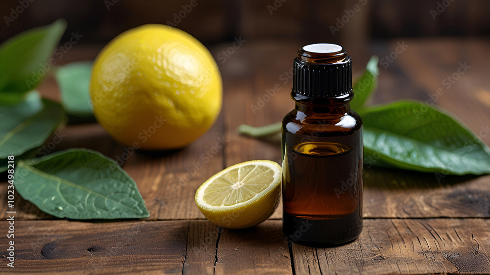 Bottle of bergamot essential oil standing on a rustic wooden surface surrounded by fresh bergamot fruit and leaves Bottle of bergamot essential oil standing on a rustic wooden surface surrounded by fresh bergamot fruit and leaves
