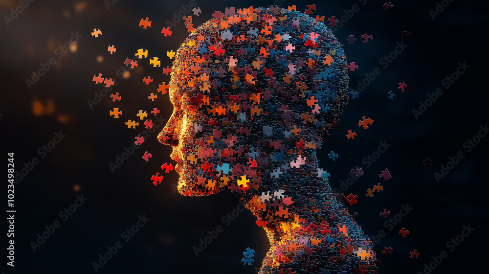 A human figure dissolving into puzzle pieces and then reassembling, symbolizing mental resilience and recovery, with copy space, World Mental Health Day A human figure dissolving into puzzle pieces and then reassembling, symbolizing mental resilience and recovery, with copy space, World Mental Health Day