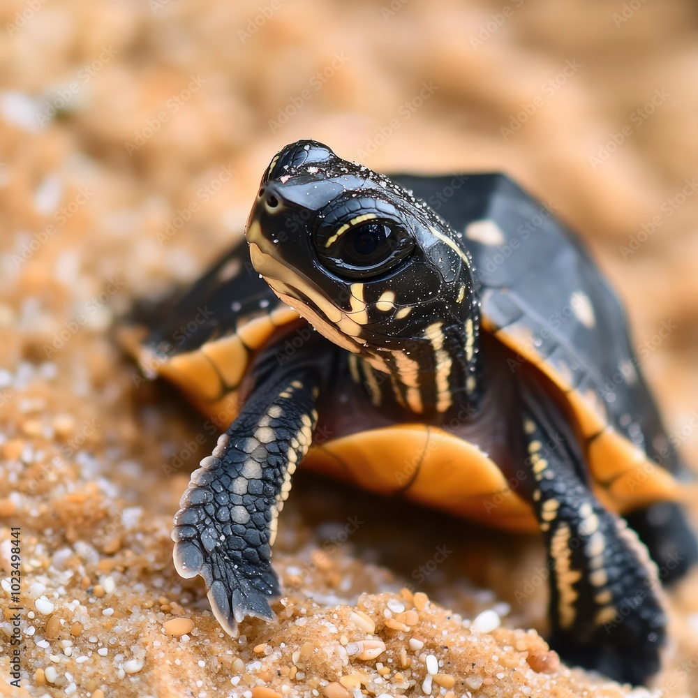 Close-Up of a Cute Little Turtle on the Beach with Sand Close-Up of a Cute Little Turtle on the Beach with Sand
