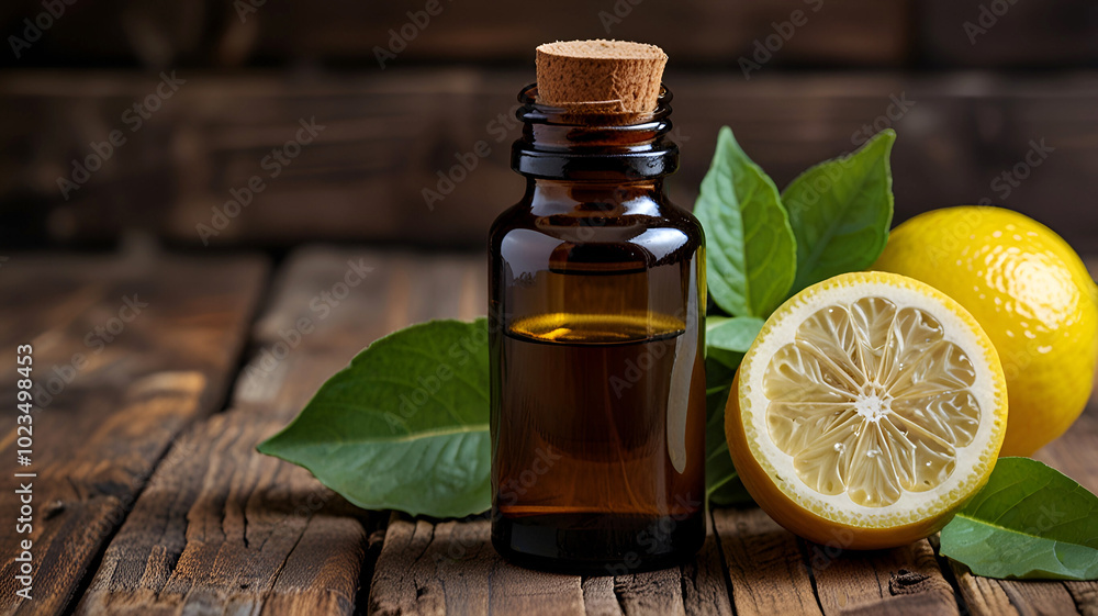 Bottle of bergamot essential oil standing on a rustic wooden surface surrounded by fresh bergamot fruit and leaves Bottle of bergamot essential oil standing on a rustic wooden surface surrounded by fresh bergamot fruit and leaves