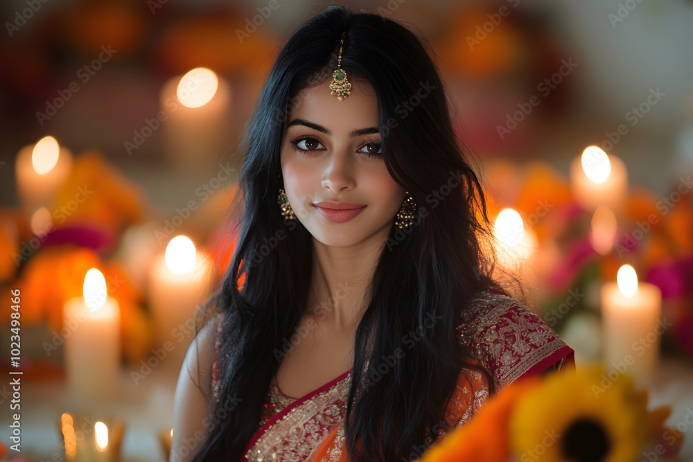 Indian Woman in Golden Saree with Bindi and Candles Indian Woman in Golden Saree with Bindi and Candles