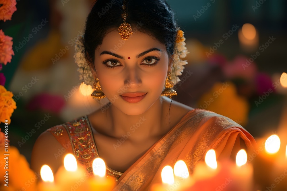 Indian Woman in Festive Attire with Sparkly Earrings and Candlelight Glow Indian Woman in Festive Attire with Sparkly Earrings and Candlelight Glow