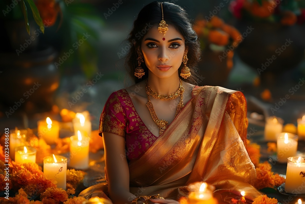 Indian Woman in Golden Saree with Bindi and Marigolds by Candlelight Indian Woman in Golden Saree with Bindi and Marigolds by Candlelight