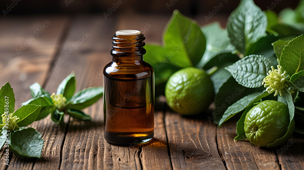 Bottle of bergamot essential oil standing on a rustic wooden surface surrounded by fresh bergamot fruit and leaves Bottle of bergamot essential oil standing on a rustic wooden surface surrounded by fresh bergamot fruit and leaves