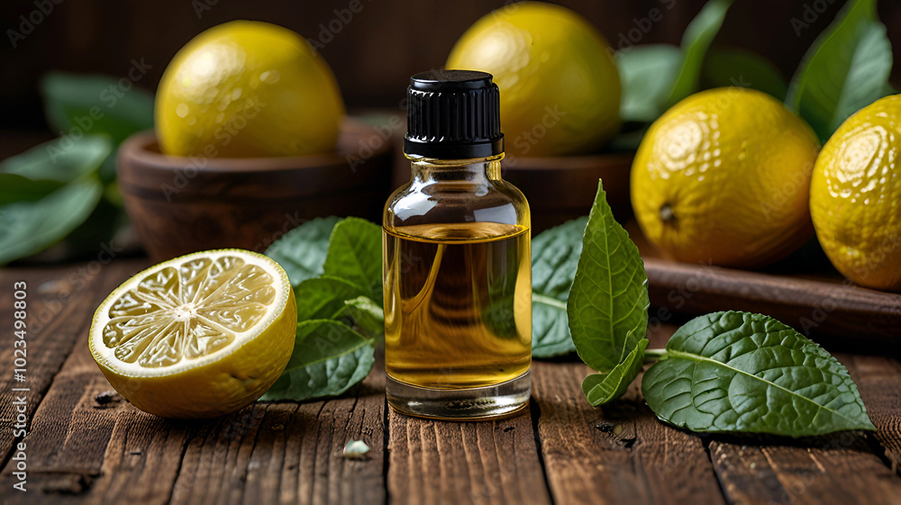 Bottle of bergamot essential oil standing on a rustic wooden surface surrounded by fresh bergamot fruit and leaves Bottle of bergamot essential oil standing on a rustic wooden surface surrounded by fresh bergamot fruit and leaves