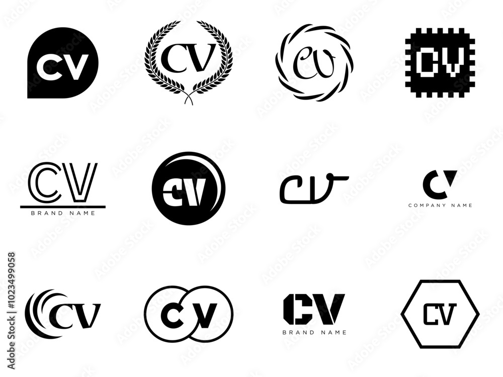 CV logo company template. Letter c and v logotype. Set different classic serif lettering and modern bold text with design elements. Initial font typography. CV logo company template. Letter c and v logotype. Set different classic serif lettering and modern bold text with design elements. Initial font typography.