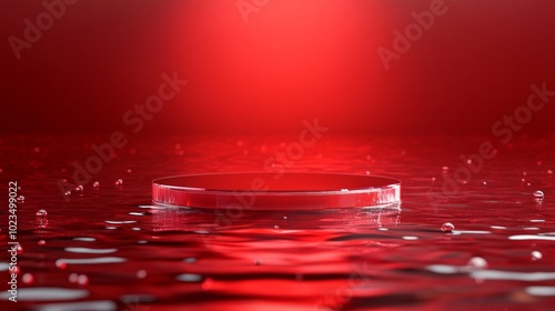 A glass podium sits on a rippling red water surface with a red light source shining from above.