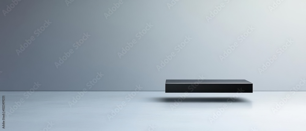 Floating black device on minimalist surface with gray background, modern and sleek design. Floating black device on minimalist surface with gray background, modern and sleek design.
