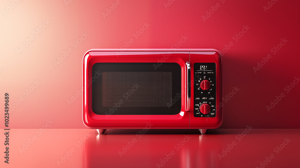 Retro red microwave oven on vibrant red background, modern kitchen appliance Retro red microwave oven on vibrant red background, modern kitchen appliance