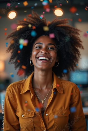 Joyful mulatte woman celebrates with colorful confetti in lively office setting during a team achievement event photo