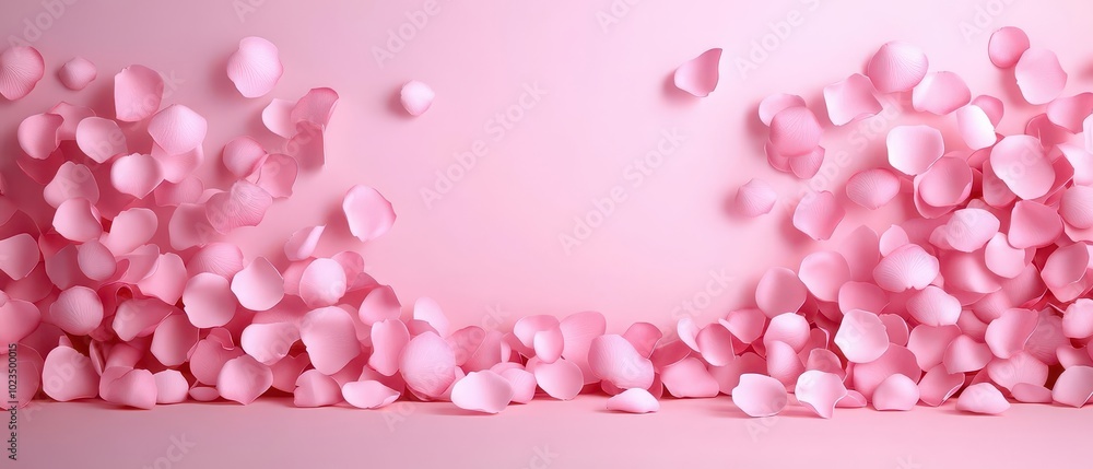 Pink flower petals scattered elegantly on a soft pink background, creating a serene and romantic atmosphere. Pink flower petals scattered elegantly on a soft pink background, creating a serene and romantic atmosphere.