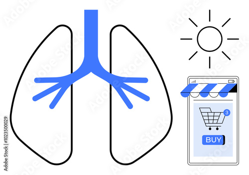 Depicts blue lungs, a sun, and a smartphone with a shopping cart icon. Ideal for health, medical, wellness, online shopping, and e-commerce themes. Simple, clean style