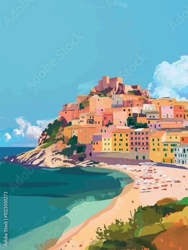 Colorful hillside coastal town by the sea. A beautiful flat-style illustration of Mediterranean architecture, vibrant houses, and clear blue water, capturing the charm of a seaside village.
