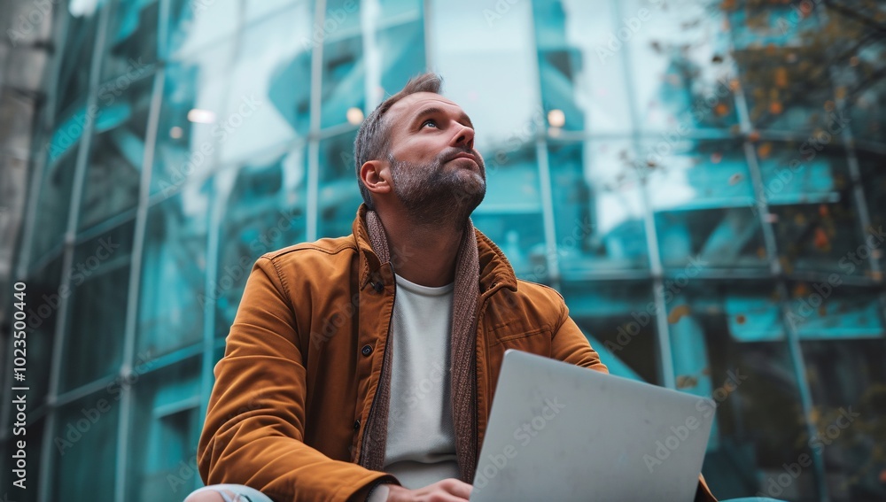 A contemplative man sits outside an urban building, using his laptop. The modern architecture reflects a blend of creativity and technology in city life. A contemplative man sits outside an urban building, using his laptop. The modern architecture reflects a blend of creativity and technology in city life.