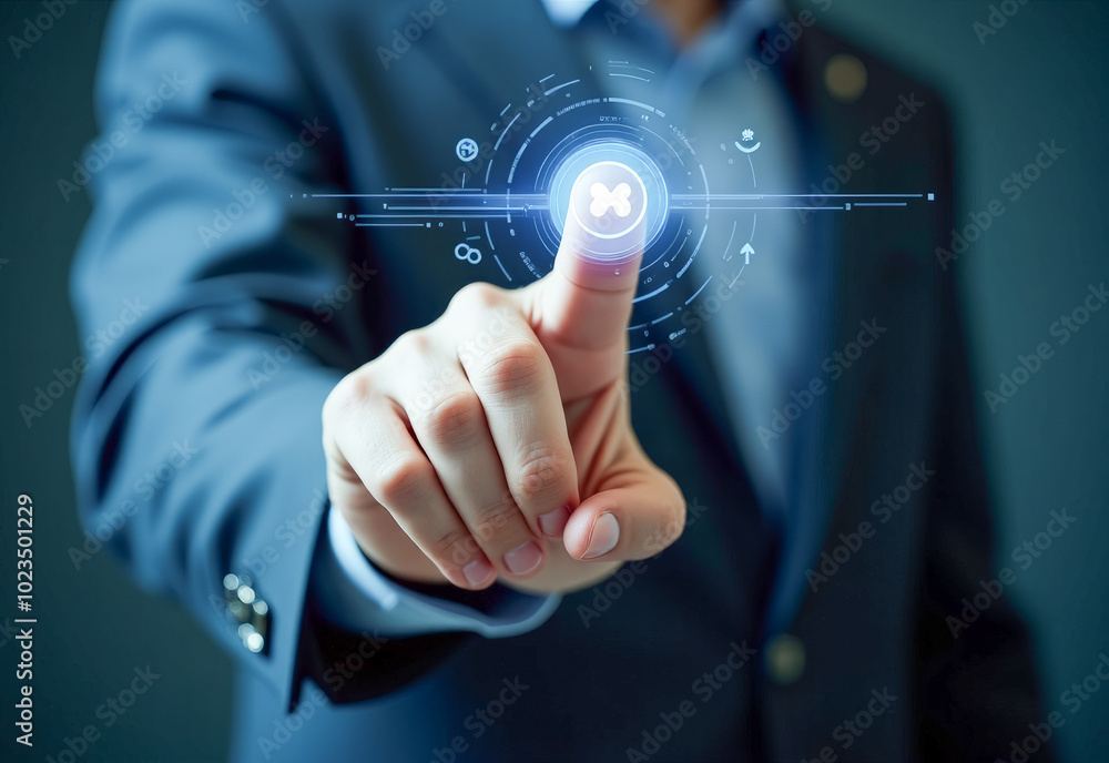 The hand touches the virtual settings button, on a blue background The hand touches the virtual settings button, on a blue background