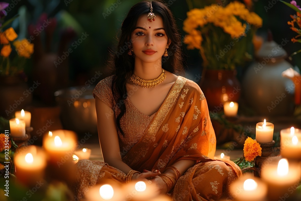 Woman in Golden Sari with Glowing Candlelight Ritual Woman in Golden Sari with Glowing Candlelight Ritual