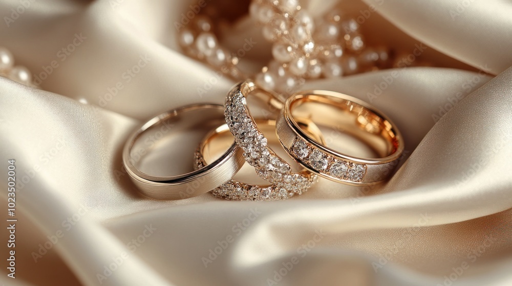 Three Gold Wedding Bands with Diamonds on Satin Fabric Three Gold Wedding Bands with Diamonds on Satin Fabric